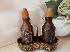 SylvaC English Vintage Brown Condiment set Pottery with cork stopper - Picture 1 of 8