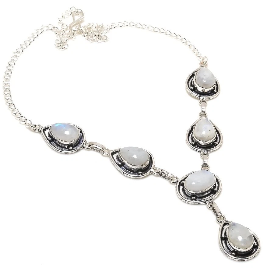 Collar de joyería de plata de ley 925 hecho a mano con piedras preciosas de luna tamaño 18" Foto 1 de 1