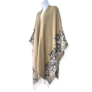 Chico's | One Size | Floral Border Fringed Blanket Ruana Wrap Kimono Pashmina - Picture 1 of 8