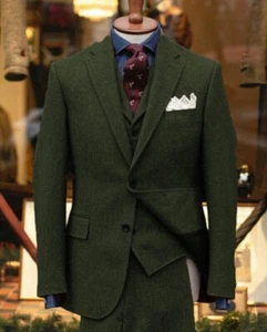 Men's Green Wool Herringbone Tweed Check 3 Piece Prom Groom Tuxedo Wedding Suit - Picture 1 of 9