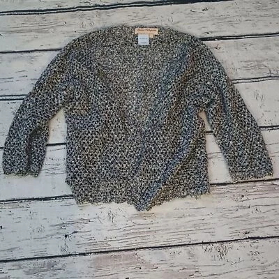 Norm Thompson 黑色白色开放式针织亚麻棉耸肩开襟开衫 L — 第 1/4 张图片