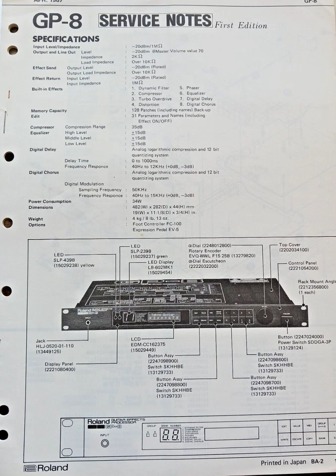 Roland GP-8 Guitar Effect Rack Unit Original Service Manual Book, Japan 1987 - Image 1 of 1