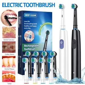 Rotating Electric Toothbrush Rechargeable With 4 Brush Heads 5 Modes Timer USB - Picture 1 of 27