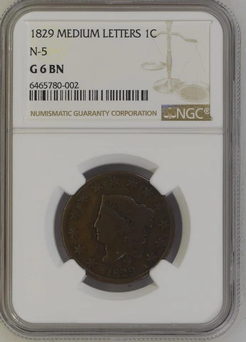 1829 Medium Letters N-5 NGC G6BN Coronet head large cent Cover