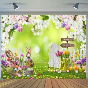 7x5FT Easter Photo Backdrop Spring Flowers Grass Backdrop Colored Egg Rabbit ... - Picture 1 of 7