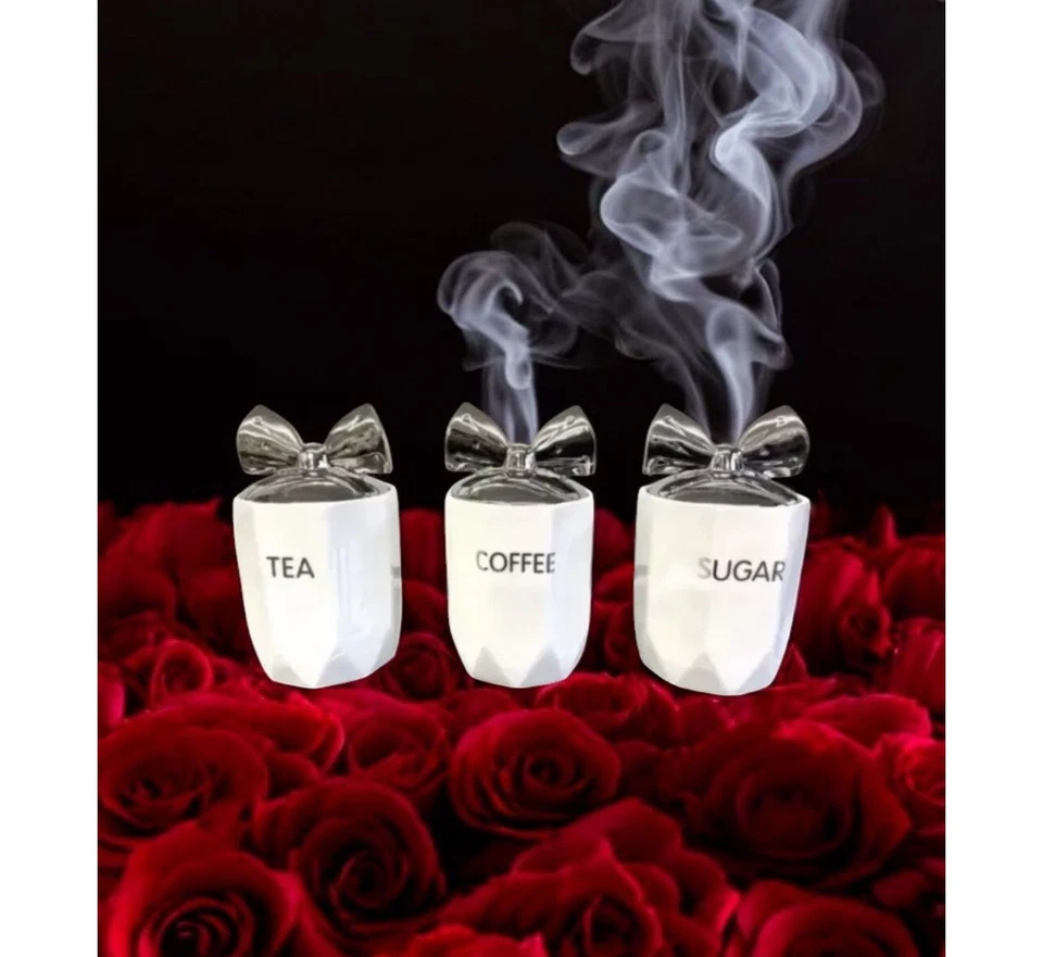 Tea Coffee Sugar Jar White Chrome Bow Storage 3pcs Set Ceramic AirTight Canister - Image 1 of 4