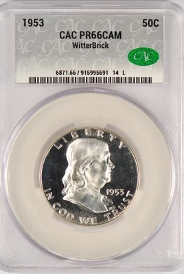 Moneda de plata escarchada 50C 1953 Franklin medio dólar prueba CAC PR66CAM PF 66 camafeo Foto 1 de 2