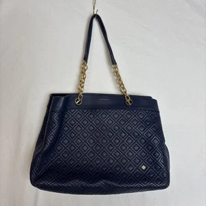 Tory Burch Quilted Shoulder Tote Navy With Gold Chain Handle - Picture 1 of 8