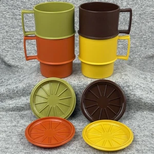 4 tazas de café apilables Tupperware vintage con tapas/posavasos cosecha #1312 - Imagen 1 de 11