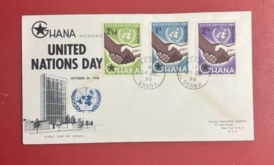 GHANA UNITED NATIONS DAY 1958 FDC SC#36-38 NPA - Image 1 of 2