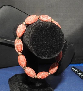 Chinese Carved Red Cinnabar Carved Bracelet, carvings are Flowers Buddha faces - Picture 1 of 6