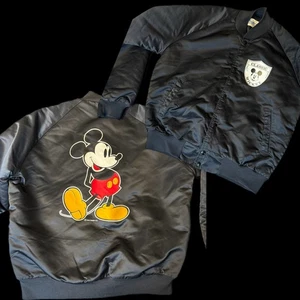 Vtg Mickey Mouse Satin Jacket Med Black Bomber Disney Chalk Line 80s See Details - Picture 1 of 11