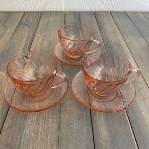 Set of 3 Arcoroc Pink Glass Swirl Cups & Saucers France (SH) - Picture 1 of 7