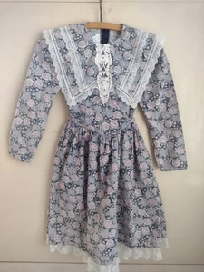 VTG Jessica McClintock Gunne Sax Girls 10 Grey Purple Floral Dress Lace Bow 90s - Picture 1 of 8