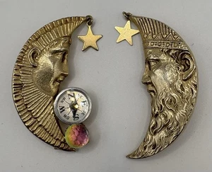 SELTENE Kirk’s Folly goldfarbene Halbmond Sonne Mann Mond Kompass Clip Kletterer Ohrringe - Bild 1 von 8