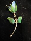 Rose Brooch Giovanni Signed Gold Trim Blue And Green Enamel Vintage Flower Pin