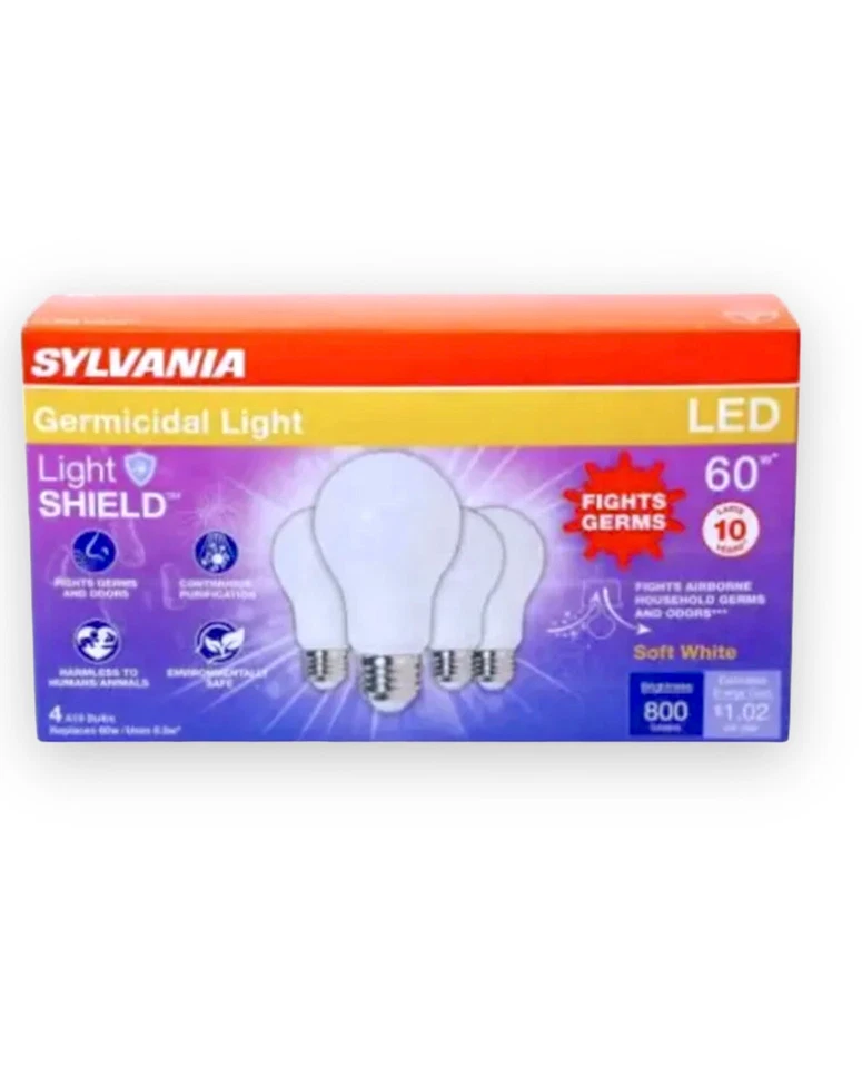 4-pack Sylvania 60Watt A19 Light Shield Germicidal Soft White LED Bulb, 6 Pk= 24 - Image 1 of 3