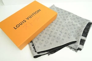 Authentic Louis Vuitton Gray & Black Cashmere Silk LV Monogram Scarf Fringe Edge - Picture 1 of 12