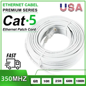 Cat5 e CAT5e Ethernet Cable RJ45 Network Internet Cord White Patch 6/10/60/100ft - Picture 1 of 10