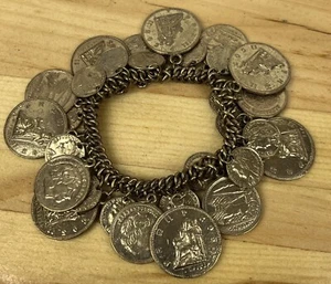 Coins Charm Stretch Bracelet Bronze Color Unsigned Vintage French Rare Different - Picture 1 of 9