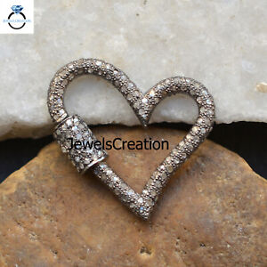 Genuine Pave Diamond Heart Carabiner Lock 925 Silver Gold Plated Clasp Jewelry