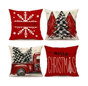 Set Of 4 Heavy Weight Farmhouse Red And Black Christmas Throw Pillow Covers - Picture 1 of 6
