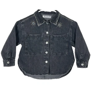 ZARA Studded Denim Overshirt Button-Up Girls Size 6 Washed Black - Picture 1 of 9