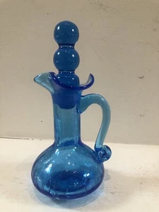 Vintage Cobalt Blue Crackle Hand Blown Glass Bottle with Lid 6” - Picture 1 of 9