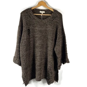 UMGEE Womens Pullover Sweater Size 2XL Brown Distressed Knit Crochet Long Sleeve - Picture 1 of 12