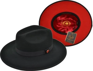 Bruno Capelo Men's Black with Red Wide Stiff Brim Wool Fedora Monarch MO-200 - Picture 1 of 7