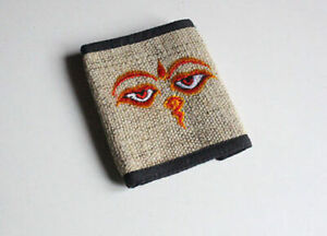 Natural Color Hemp Wallet Purse Embroidered with Buddha Eye, OHM and Spiral