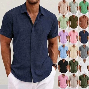 Cotton Linen Men's Short Sleeve Shirts Tops Solid V-Neck Turn-down Collar Blouse - Picture 1 of 32