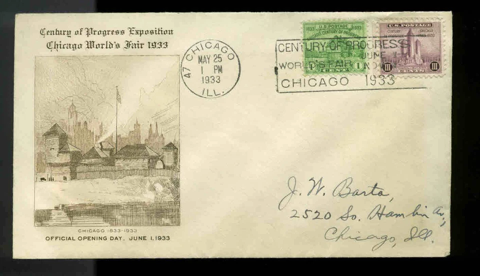 728 & 729 COMBO CENTURY OF PROGRESS FDC CHICAGO, IL PLANTY P53 GRIMSLAND CACHET - Image 1 of 1