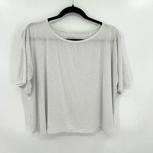BEYOND YOGA White Gray Striped Split Back Boxy Short Sleeve Workout Shirt Small - Picture 1 of 6