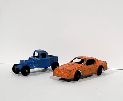 Camioneta pick-up vintage Tootsietoy Blue Hot Rod Roadster y naranja Pontiac Firebird Foto 1 de 4
