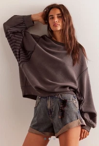 Free People End Game Pullover We The Free Rib Hems Slouchy Washed Schwarz XL Neu mit Etikett - Bild 1 von 5