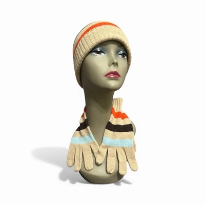 Conjunto de sombrero y guantes a rayas J.Crew 100 % cachemir tostado naranja marrón unisex talla única Foto 1 de 4