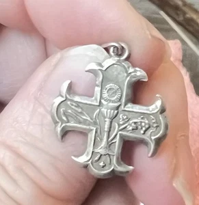 Antique French Cross Sterling Silver ⅞” Medal First Communion Pendant Eucarist - Picture 1 of 16