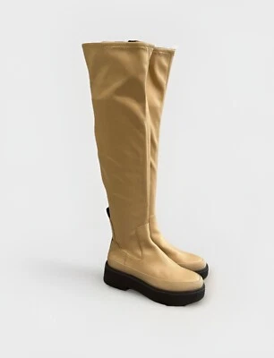 Franco Sarto Tan Over The Knee Combat Boots Size 6.5 Janna Tan Lug Wide Calf - Image 1 of 4