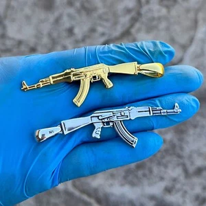 14k Gold Plated or Solid 925 Sterling Silver Oxidized AK47 Big Gun Pendant 3.5" - Picture 1 of 20