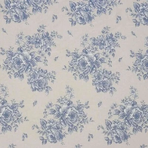Belle Rose Floral Fabric Blue Woven Cotton Linen Vintage Curtains Upholstery - Picture 1 of 7
