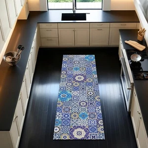 Blue Color Tile Pattern Kitchen Runner Rug Bedside Mat Minimal Boho Mat Decor - Picture 1 of 3