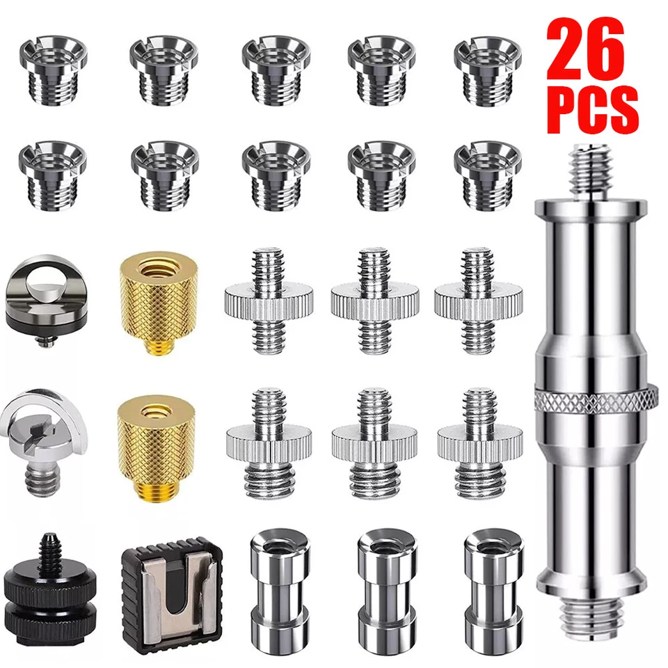 Juego de montaje de tornillos para cámara 26 piezas adaptador de tornillos roscados convertidor de 1/4" y 3/8" Foto 1 de 4