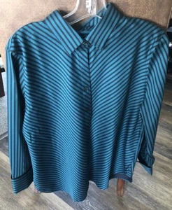 Chico's Women's Dark Green Black Striped ButtonUp L.SLV Cotton BL Shirt 2=12 EUC - Picture 1 of 13