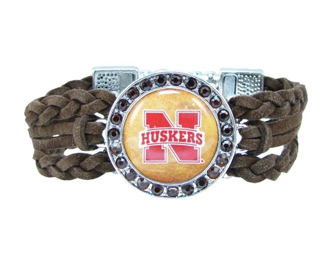 Nebraska Cornhuskers Multi Braided Brown Leather Crystal Bracelet Jewelry Red NU Cover