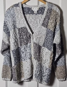 VTG 90s Sweater M Cream Brown Cardigan Patchwork Hand Cable-Knit Cozy Cottage - Picture 1 of 24