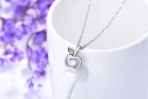 Silver Apple Green Leaf Pave Cubic Zirconia Pendant Chain Necklace - Picture 1 of 2