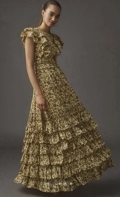 Mac Duggal 8024 Sz 6 Beige Floral Chiffon Ruffled Gown $698 - Image 1 of 4