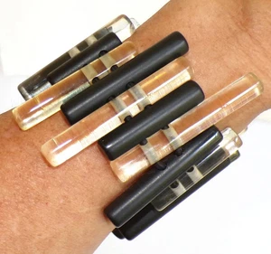 Sobral Cilindros Clear& Opaque Black Cylinder Beads Artist Made Stretch Bracelet - Picture 1 of 6