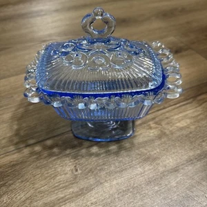 Indiana Glass Blue Lace Edge Horizon Blue Pedestal Candy Dish Lid Compote Footed - Picture 1 of 4